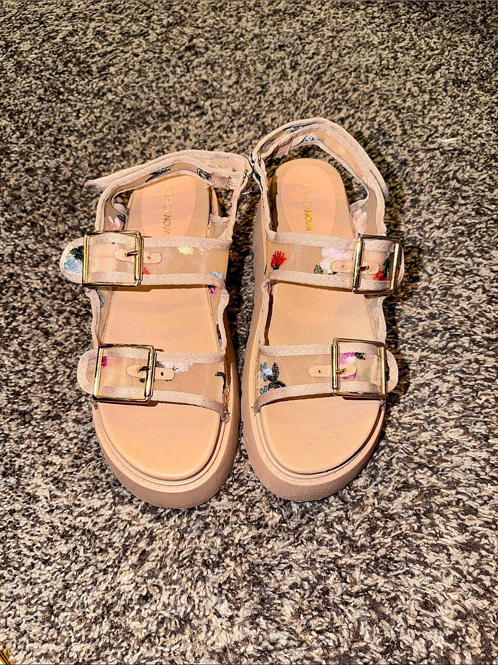 Fashion Nova Floral Embroidered Mesh Platform Sandals Pink